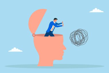 Bir iş adamının açık bir insan kafasının içindeki karmaşık çizgileri iten, karmaşayı sembolize eden, stresin üstesinden gelen ve zihinsel berraklığı ya da çözümleri bulan vektör çizimi.