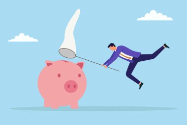 Finansal güvenlik, yatırım, para büyümesi, zenginlik yönetimi ve başarıyı simgeleyen devasa bir kumbaradan tasarruf elde etmek için ağ kullanan bir işadamının vektör çizimi