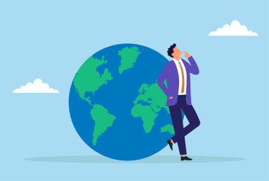 Küresel vizyonu, liderliği, uluslararası ticareti ve dünya çapında nüfuzu sembolize eden, kendinden emin bir şekilde duran bir iş adamının vektör çizimi