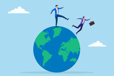 Küresel iş dünyasındaki rekabet, rekabet ve güç mücadelelerini temsil eden bir iş adamının diğerini dünyadan kovmasının vektör çizimi