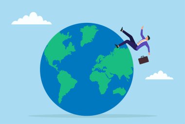 Bir iş adamının küreden düşüşünün vektör çizimi, riskleri, zorlukları ve küresel iş dünyasında karşılaşılan belirsizliği simgeliyor.