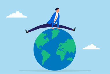 Dünyanın bir ucuna sıçrayan bir iş adamının vektör çizimi, hırsı, küresel fırsatları, başarıyı ve iş dünyasındaki zorlukları sembolize ediyor.