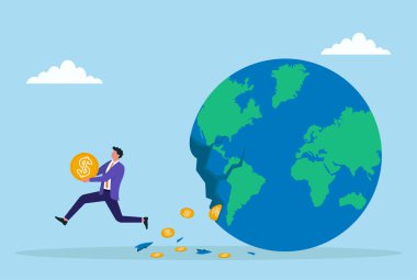 Küresel mali krizi, ekonomik riski, kaybı ve para sorunlarından kaçmayı sembolize eden, dünya çatlayana kadar para içinde koşan bir işadamının vektör çizimi