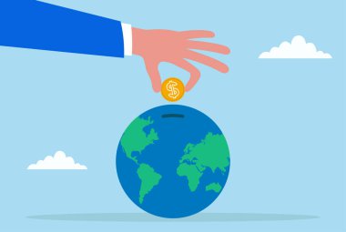 Küresel yatırımı, ekonomik büyümeyi ve dünya çapında finansal katkıları sembolize eden bir altın sikkeye sahip dev bir elin vektör çizimi