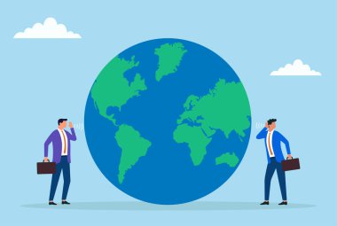 Küresel bağlantıyı, uluslararası ticareti, dünya çapında iletişimi ve takım çalışmasını sembolize eden iki iş adamının vektör çizimi