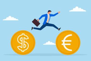 Bir dolar paradan avro sikkeye atlayan bir işadamının vektör çizimi, döviz kurunu, uluslararası finans ve küresel yatırım olanaklarını sembolize ediyor