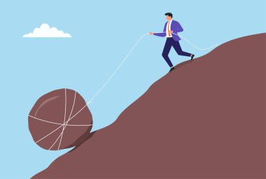 Bir iş adamının büyük bir taşı bir iple tepeye çekmesinin vektör çizimi, çabayı, inadı, sıkı çalışmayı, kararlılığı ve zorlukları aşmayı sembolize ediyor.