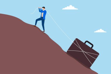 Ağır bir evrak çantası çekerken yokuş yukarı tırmanan bir işadamının vektör çizimi, kariyer mücadelesini, iş zorluklarını, inatçılığı ve kararlılığı simgeliyor