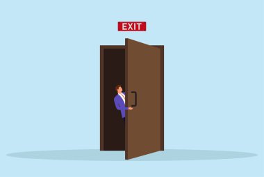 Profesyonel bir iş yerinde ya da şirket ortamında meraklı, ihtiyatlı ve ihtiyatlı bir gözlemi temsil eden bir iş adamının kapı aralığını gösteren vektör çizimi