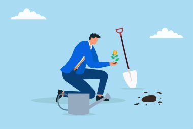 Bir iş adamının mali büyüme, yatırım, zenginlik yaratma ve uzun vadeli refahı temsil eden bir para ağacı dikmesinin vektör çizimi