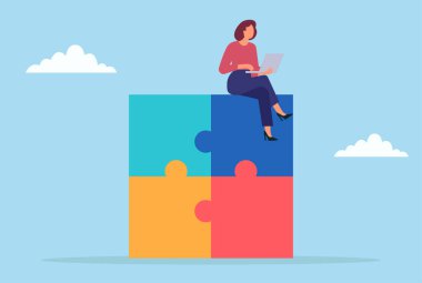 Dizüstü bilgisayar kullanarak büyük bir yapboz parçasının üzerinde oturan bir iş kadınının vektör çizimi, stratejiyi sembolize ediyor, problem çözme, takım çalışması ve dijital işbirliği