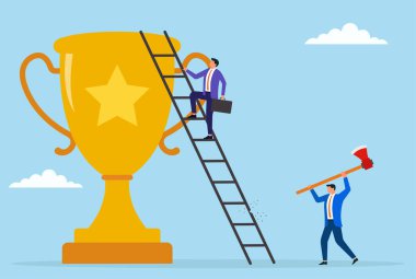 Bir işadamının merdivene tırmanırken diğerinin baltayla kesmesi ihaneti, sabotajı ve başarıya ulaşmanın önündeki beklenmedik engelleri simgeliyor.