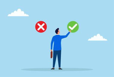 Kızıl haç yerine yeşil işaretli yeri seçen bir iş adamının vektör çizimi doğru kararı temsil ediyor ve en iyi seçimi yapıyor.