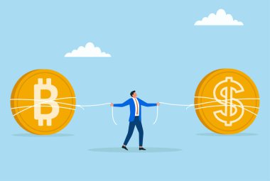 Bitcoin ve dolar arasındaki dengeyi sağlayan iş adamlarının vektör çizimi, kripto para birimi ve geleneksel finansal sistemlerin yön bulma sorununu sembolize ediyor