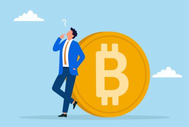 Bitcoin 'in yanında duran bir işadamının vektör çizimi, derin düşüncelere dalmış, kripto para yatırımlarındaki düşünce ve stratejik kararları sembolize ediyor