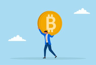 Dev bir Bitcoin 'i taşımaya çalışan bir iş adamının vektör çizimi, kripto para birimi yatırımları ve engelleme ekonomisinin ağır yükü, zorlukları ve baskısını simgeliyor.