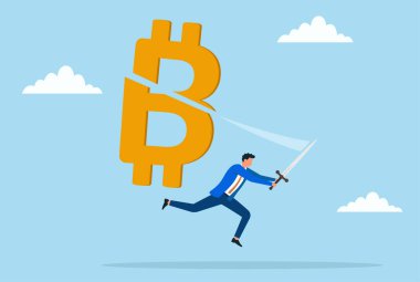 Kılıçla dev bir bitcoin sembolünü kesen bir iş adamının vektör çizimi, kripto para piyasasındaki zorlukları, riskleri ve dalgalanmayı temsil ediyor.