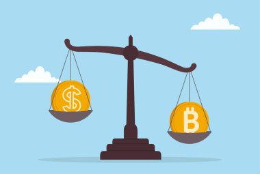 Bitcoin ile altın sikkeyi karşılaştıran bir denge ölçeğinin vektör çizimi, dijital kripto para ve geleneksel para birimi arasındaki karşılaştırmayı sembolize ediyor.