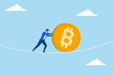 Bir iş adamının, kripto para riski, mali mücadele, piyasa dengesi ve dijital para birimi yatırımındaki zorlukları sembolize eden bir ipte dev bir bitcoin 'i itmesinin vektör çizimi