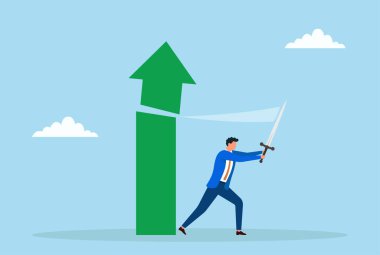 Kılıçla yukarı doğru ok kesen bir işadamının vektör çizimi, büyüme, piyasa eğilimleri, mali zorluklar veya performans üzerindeki kontrolü sembolize ediyor