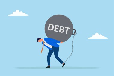Sırtında 'DEBT' etiketli ağır bir dambıl taşıyan bir iş adamının vektör çizimi, mali yükü, stresi ve yükümlülüklerin üstesinden gelme mücadelesini temsil ediyor.