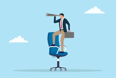 Bir işadamının teleskopla bir ofis koltuğunda duran, yeni kariyer fırsatları ve gelecekteki büyümeyi arayan, iş arama ve hırsı sembolize eden bir temsili.