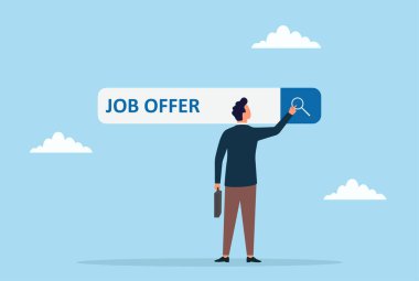 Elinde evrak çantası olan ve iş arayan bir işadamının vektör illüstrasyonu, kariyer fırsatları, iş arama ve işe alım olanaklarını sembolize ediyor