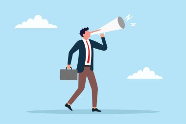 Uzun burunlu bir işadamının megafonla anons edişinin vektör çizimi yalanları, aldatmacaları, yanlış bilgilendirmeleri, yanlış iddiaları ve sahtekarlığı simgeliyor.