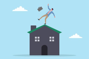 Emlak ve emlak yatırımlarındaki risk ve belirsizlikleri sembolize eden bir çatı katında dengesini kaybeden bir işadamının vektör çizimi