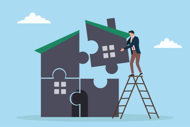 Emlak geliştirme ve emlak yatırım stratejisini sembolize eden ev yapbozu parçalarını birleştiren bir iş adamının vektör çizimi