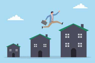 Emlak yatırımları ve emlak gelişimindeki büyüme başarısını ve fırsatları simgeleyen bir iş adamının çatılardan atlamasının vektör çizimi