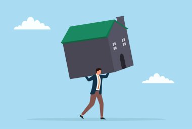 Ağır bir ev taşıyan bir işadamının vektör çizimi, gayrimenkul sorunları, mali yük, iş sorumluluğu ve mülkiyet yönetimi çabalarını simgeliyor