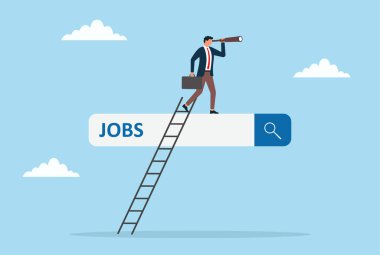 Bir iş adamının iş arama barında merdivene tırmanıp teleskoptan bakmasının vektör çizimi, iş arama, kariyer fırsatları ve iş arama