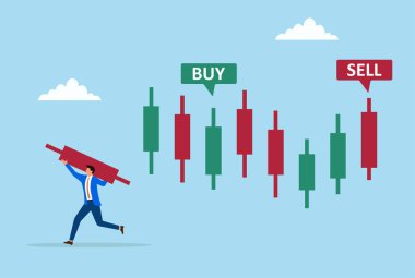 Elinde kırmızı çubuk bulunan şamdan tablosundan kaçan bir tüccarın vektör çizimi piyasa kayıplarını, riskleri ve azalan yatırımları simgeliyor.