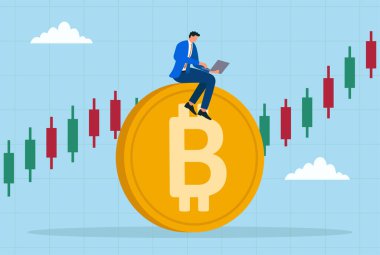 Bir Bitcoin 'in üzerinde oturan bir işadamının temsili, borsayı analiz etmek için dizüstü bilgisayar kullanarak kripto para, finans ve yatırım stratejisini sembolize ediyor.