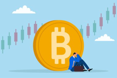 Büyük bir bitcoin 'in altında oturan, kripto para kaybı, piyasa çöküşü, engelleme zinciri sorunları ve finansal stresi sembolize eden hayal kırıklığına uğramış bir işadamının vektör çizimi