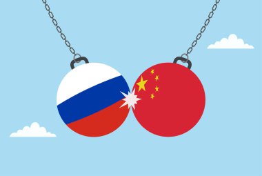 İki dambıl çarpışıyor, biri porselen bayrak, diğeri de Rus bayrağı, iş rekabetini ve rekabeti simgeliyor.