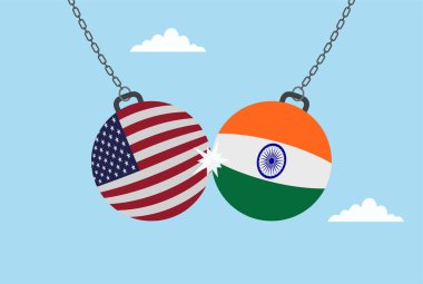 Birinde Hindistan bayrağı, diğerinde ABD bayrağı olan iki dambılın çarpışmasının vektör çizimi, ülkeler arasındaki rekabet, rekabet ve gücü temsil ediyor.