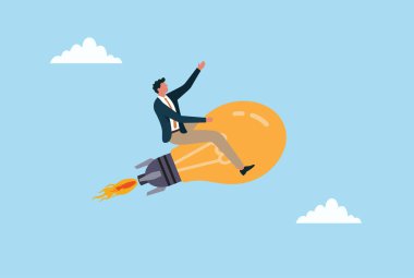 Roket gücüyle çalışan bir iş adamının vektör çizimi yenilik, hırs ve fikirleri başarıya çevirme güdüsünü sembolize ediyor.