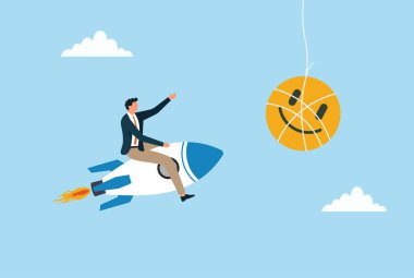 Asılı gülen bir hedefe doğru roket süren bir işadamının vektör çizimi, mutluluk, hırs, kişisel ya da profesyonel hedeflere kararlılıkla ulaşmayı sembolize ediyor.