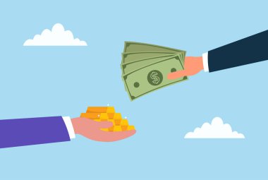 Vektör illüstrasyonunda bir elin bir altın külçesi karşılığında para değiş tokuşu, ticaret, yatırım, iş anlaşması ve mali işlem kavramını temsil ettiği görülüyor