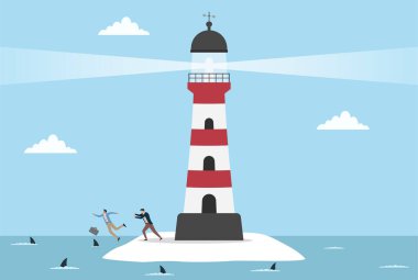 Küçük bir adada deniz feneri olan iki iş adamının vektör çizimi, biri diğerini köpekbalığı dolu sulara doğru itiyor, ihaneti, riski ve kurumsal rekabeti simgeliyor.