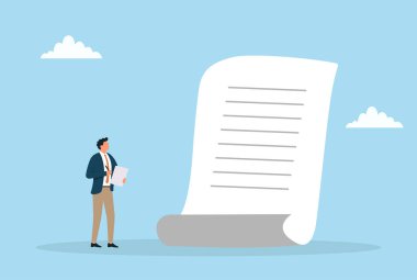 Büyük bir belgeyi inceleyen bir işadamının vektör çizimi, planlama, belge, sözleşme gözden geçirme ve profesyonel analizi sembolize ediyor