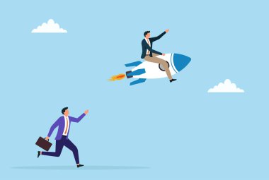 Vector illustration of a businessman riding a rocket soaring ahead while another businessman runs behind, symbolizing fast growth, competitive advantage, and rapid success in business