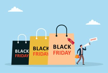 Kara Cuma tekliflerini alışveriş poşetleri ve indirim etiketleriyle duyuran bir işadamının temsili, büyük satışlar, özel anlaşmalar ve şenlikli alışveriş heyecanı.