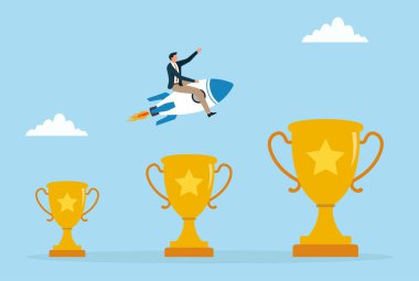 Artan ödül boyutlarının üzerinde bir rokete binen bir işadamının vektör çizimi, başarıyı, kariyer büyümesini, iş başarısını, motivasyonu ve yükselen performans seviyelerini simgeliyor