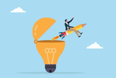 Roket gücüyle çalışan bir kalemle dev bir ampulden fırlayan bir iş adamının vektör çizimi yaratıcılığı, yeniliği ve fikirleri güçlü bir harekete dönüştürmeyi sembolize ediyor.