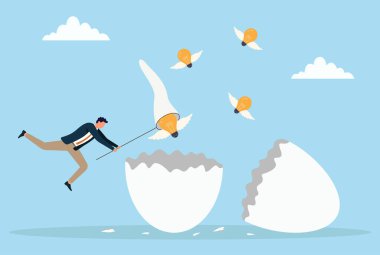 Kırık yumurta kabuğundan çıkan uçan ampulleri yakalamaya çalışan bir iş adamının vektör çizimi, kayıp fikirleri, kaçırılan fırsatları, yaratıcılıktan kaçmayı, yenilikçiliği simgeliyor.