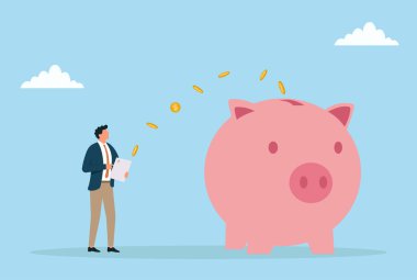 Akıllı telefon kullanarak bir kumbaraya para aktaran bir işadamının vektör çizimi, mobil bankacılık, dijital tasarruflar ve mali yönetim temsilcisi