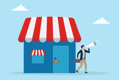 Bir mağaza sahibinin, müşterileri açık mağazasına çekmek için megafon kullanması pazarlamayı, promosyonu ve satışları artırma ve iş görüşünü artırma çabalarını sembolize ediyor.